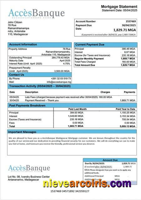 Madagascar AccèsBanque Madagascar mortgage statement Word and PDF template